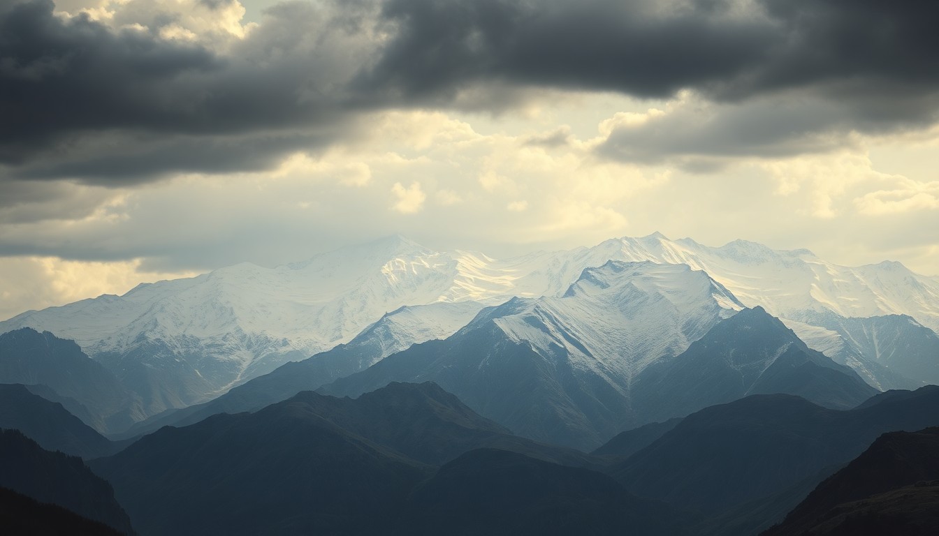 A sweeping, atmospheric landscape painting depicting a majestic mountain range under a dramatic, moody sky, conveying the overwhelming scale and power of the natural environment in Idaho.