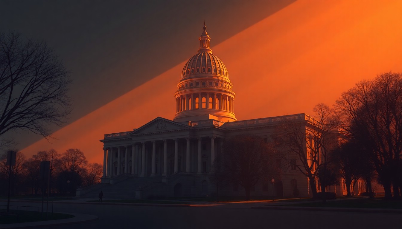 A serene, atmospheric painting of the Virginia State Capitol building, its grand architecture and columns rendered in muted tones and dramatic lighting, conveying a sense of the weighty decisions facing the state's leadership.