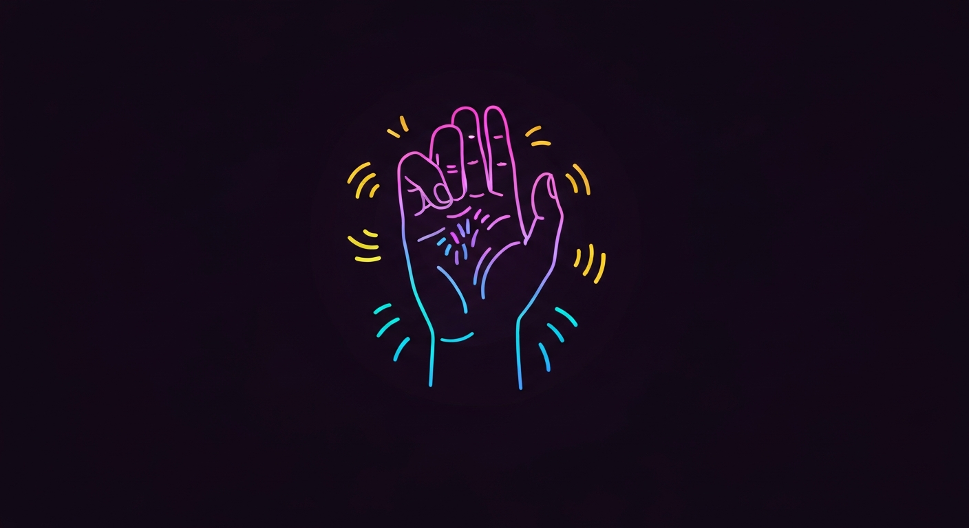 A glowing, vibrant neon outline of a human hand trembling against a deep, dark background, conceptually illustrating the uncontrolled movements associated with essential tremor.