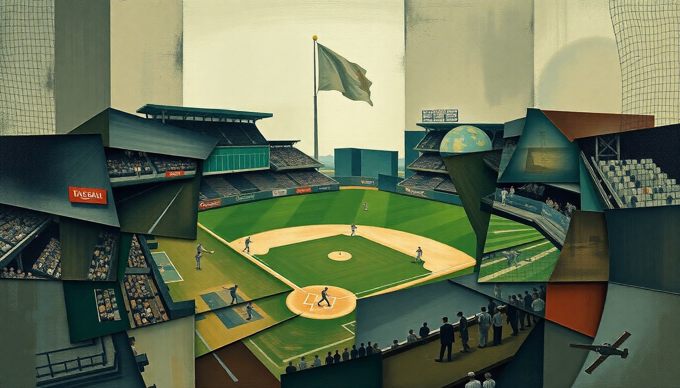 A cubist-style painting depicting a baseball game broken down into sharp, overlapping geometric shapes in muted earth tones with flashes of red and blue, conveying the intensity and drama of the pitchers' duel.