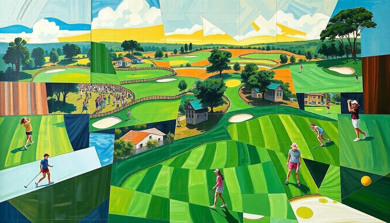 A fragmented, geometric painting in the style of Pablo Picasso, depicting the overlapping planes and angles of a girls golf tournament, with players, fairways, and greens rendered in bold, colorful shapes.