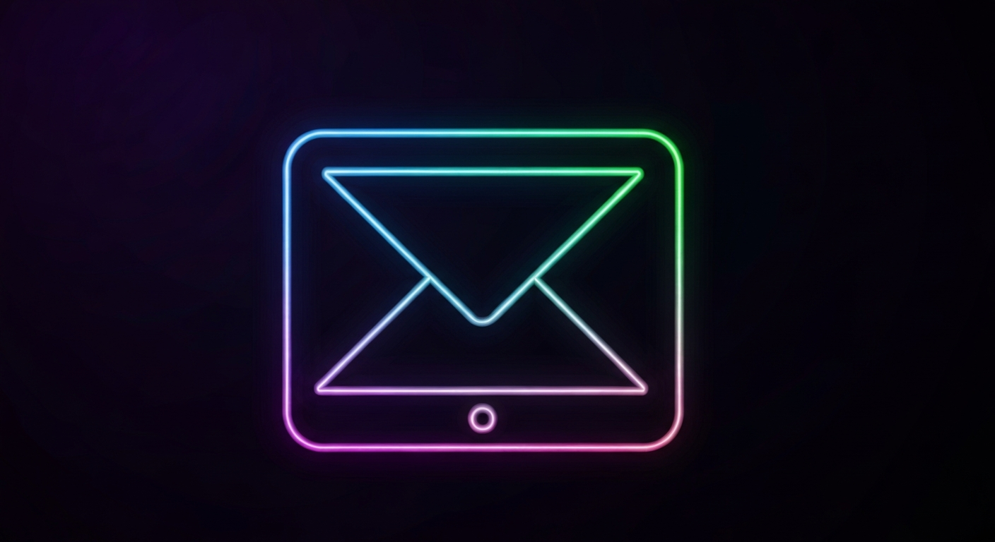A minimalist design in the style of Keith Haring where the outline of a computer monitor or email icon is defined entirely by glowing, vibrant neon lines against a deep, dark background, emphasizing the concept of quantum-resistant digital communications.