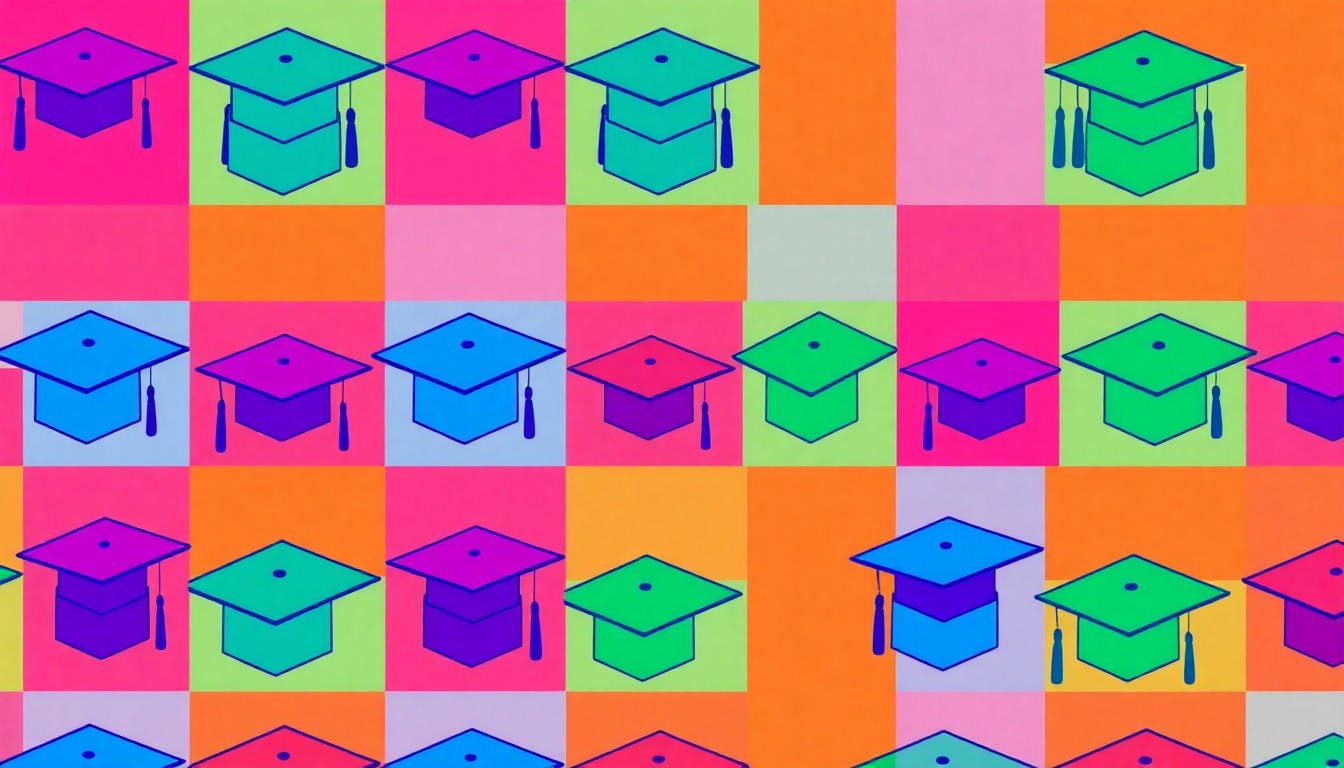 A brightly colored, high-contrast silkscreen print of a graduation cap icon repeated in a tight grid pattern, utilizing flat, vibrant neon colors and heavy black outlines to transform the everyday symbol of academic achievement into a modern pop art composition.