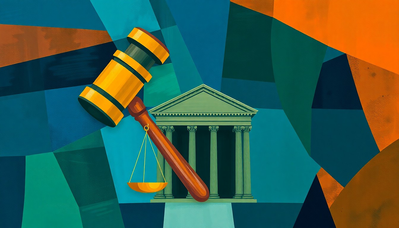 A dynamic, abstract painting featuring fractured, overlapping shapes and lines in shades of blue, green, and orange, conceptually representing the legal and political conflict surrounding the Orleans Parish clerk's office.