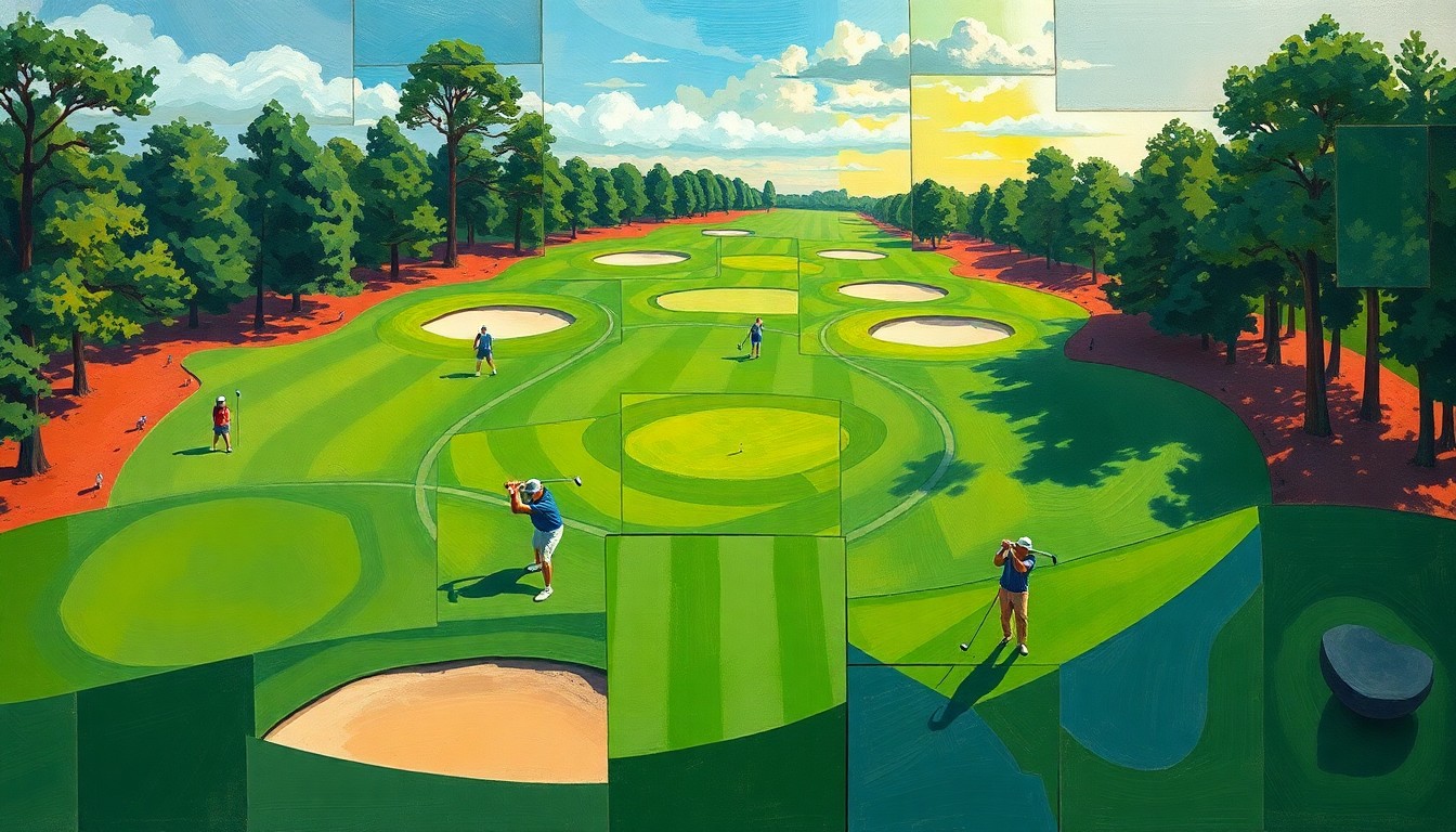 A cubist, geometric painting depicting a college golf tournament, with overlapping planes of green fairways, sand traps, and players swinging their clubs, conveying the competitive energy of the event.