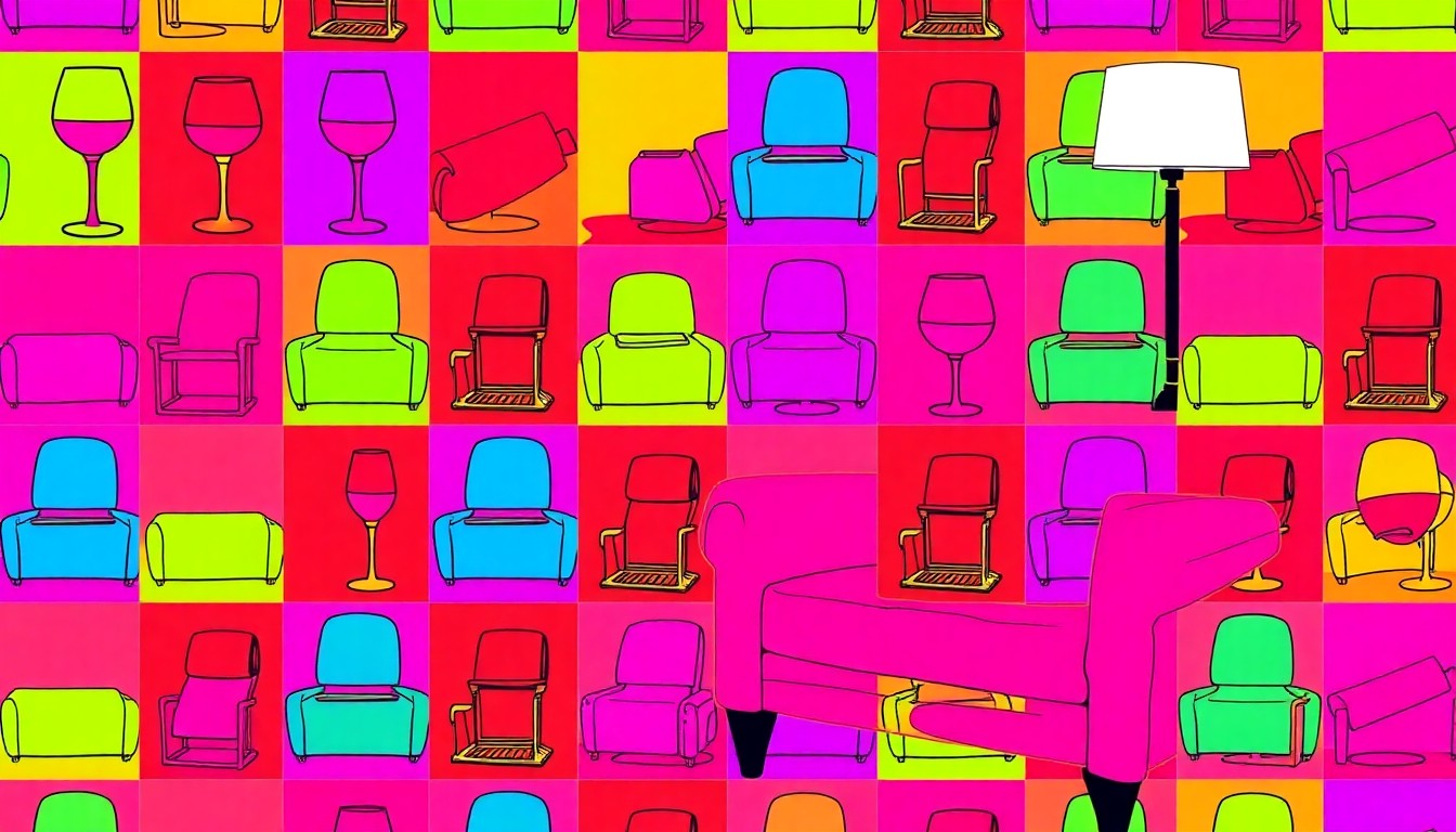 A vibrant, abstract silkscreen print featuring a repeated image of a plush armchair in a grid pattern, using bold colors and heavy black outlines to create a modern pop art style representation of luxury living.