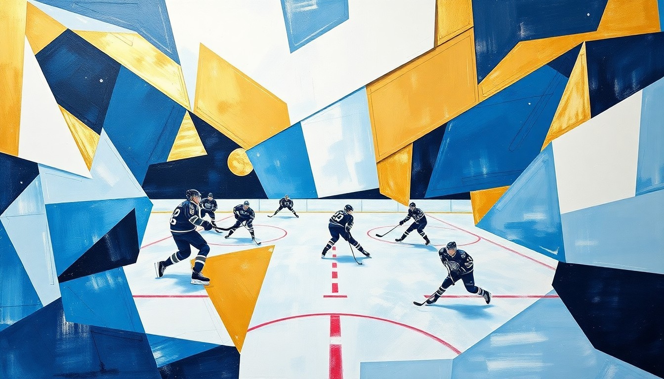 A cubist, geometric painting depicting an abstract hockey game, with players and the ice surface broken down into overlapping planes of blue, gold, and white.