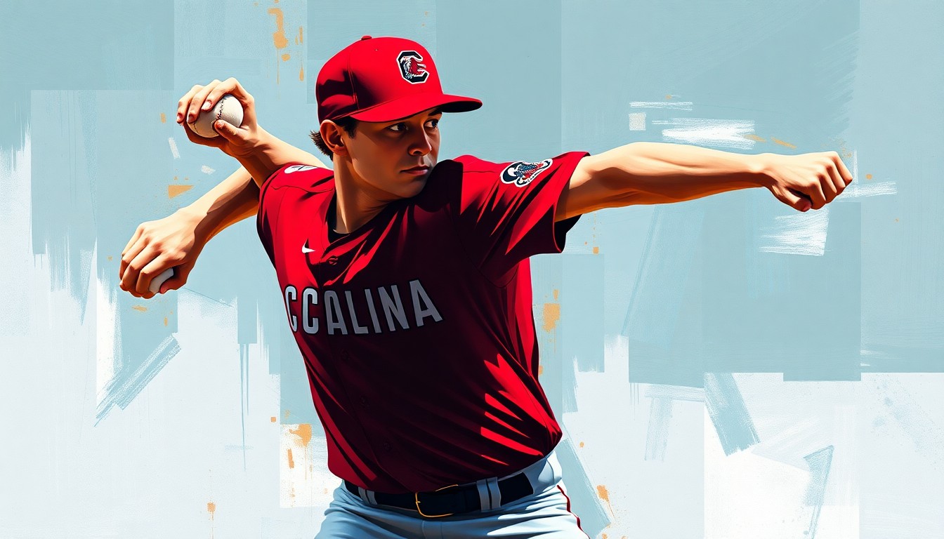 A fractured, multi-perspective painting depicting the motion of a baseball pitcher, with sharp, overlapping geometric planes in vibrant garnet red and black colors.