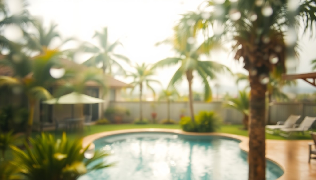 An extremely abstracted, out-of-focus photograph of a tropical backyard scene with a shimmering pool, palm trees, and hazy, warm colors, conveying a sense of tranquility and luxury.