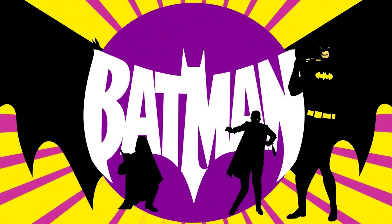 A minimalist, abstract illustration featuring jagged, geometric shapes in bold colors like purple, yellow, and blue, conceptually representing the iconic Batman '66 logo and the Batusi dance move.