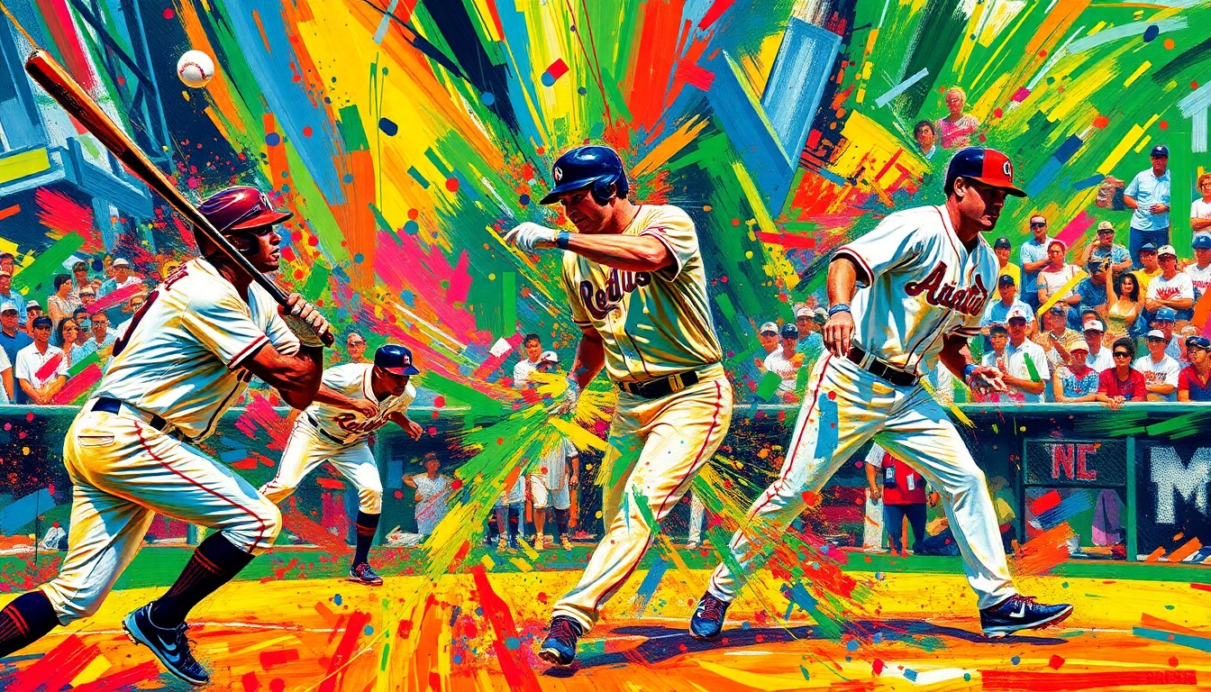 A vibrant, expressionistic painting depicting the dynamic movements and raw energy of a baseball game, with players' forms dissolving into bold, neon-colored brushstrokes.