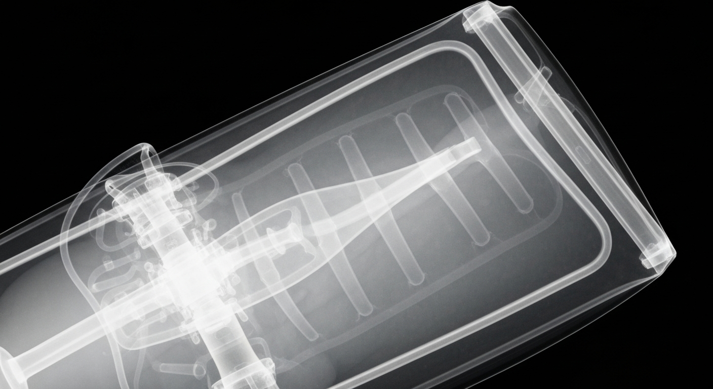 A translucent X-ray photograph revealing the intricate internal structure of a medical device or pharmaceutical product, conceptually illustrating the importance of incorporating the patient perspective into the design process.