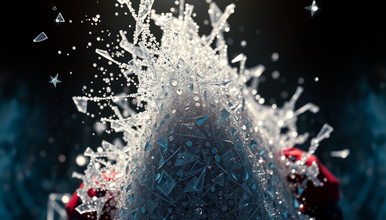An abstract close-up image featuring shattered glass and glittering sequins in high-contrast studio lighting, conveying the glamour and high-stakes drama of the Spider-Man story.