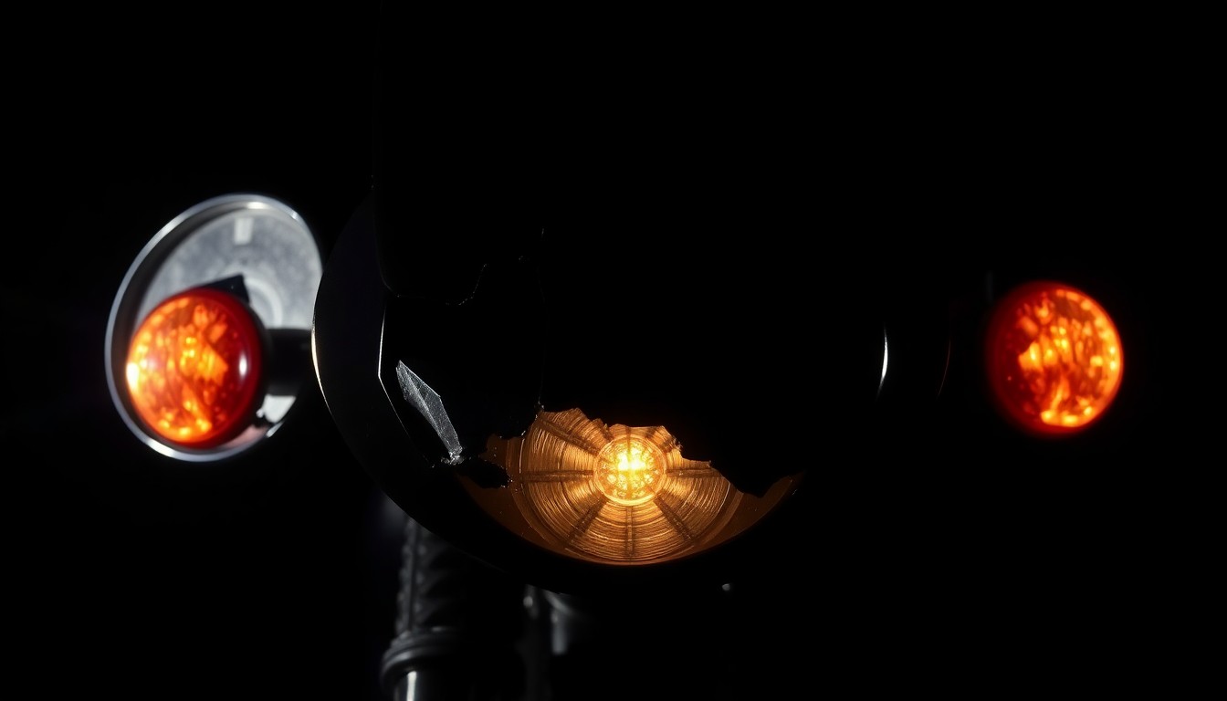 An extreme close-up photograph of a damaged motorcycle part, such as a shattered mirror or broken turn signal, lit by a harsh, direct camera flash against a pitch-black background, conceptually illustrating the aftermath of a fatal crash on a rural highway.