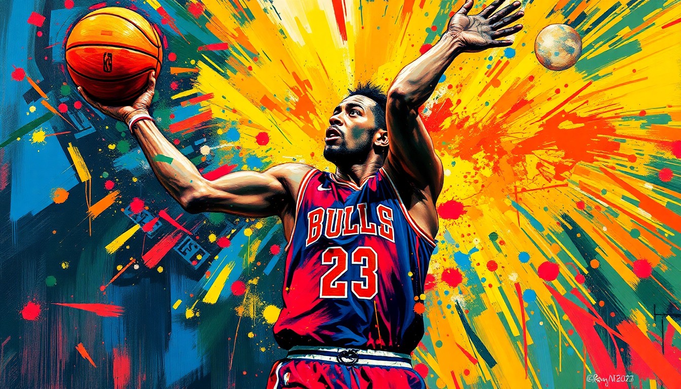 An abstract, expressionist painting in vibrant neon colors depicting the dynamic shooting motion of a basketball player, with the player's features and jersey details dissolving into energetic brushstrokes.
