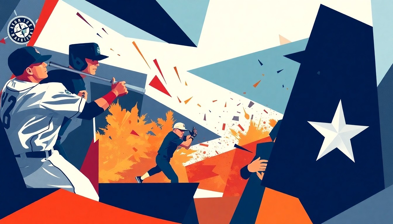 A fractured, multi-perspective painting in the style of Pablo Picasso, breaking down a baseball game into sharp, overlapping geometric planes and dynamic sporting movements.