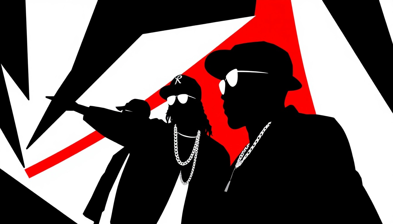 A striking, abstract composition of jagged geometric shapes in bold red, white, and black, conceptually representing the vibrant visuals of 1990s rap and R&B music.