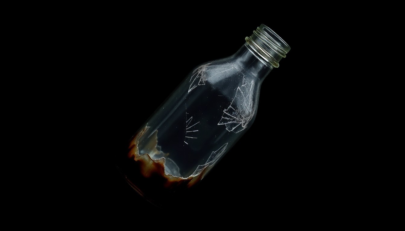 An extreme close-up of a partially melted Molotov cocktail bottle, the glass cracked and charred, creating a stark, gritty, investigative aesthetic.