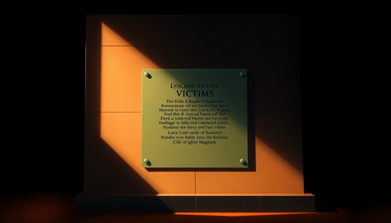 A close-up view of a glass panel from the Lynching Victims Monolith, reflecting the warm sunlight and casting deep shadows, conveying the solemn weight of the memorial.