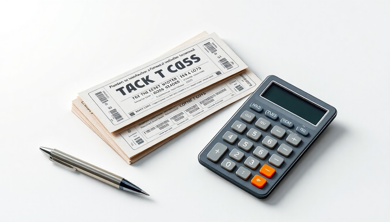 A minimalist, high-contrast studio photograph featuring a stack of lottery tickets, a pen, and a calculator arranged on a plain white background, conveying the abstract concepts of finance, risk, and the thrill of winning the lottery.