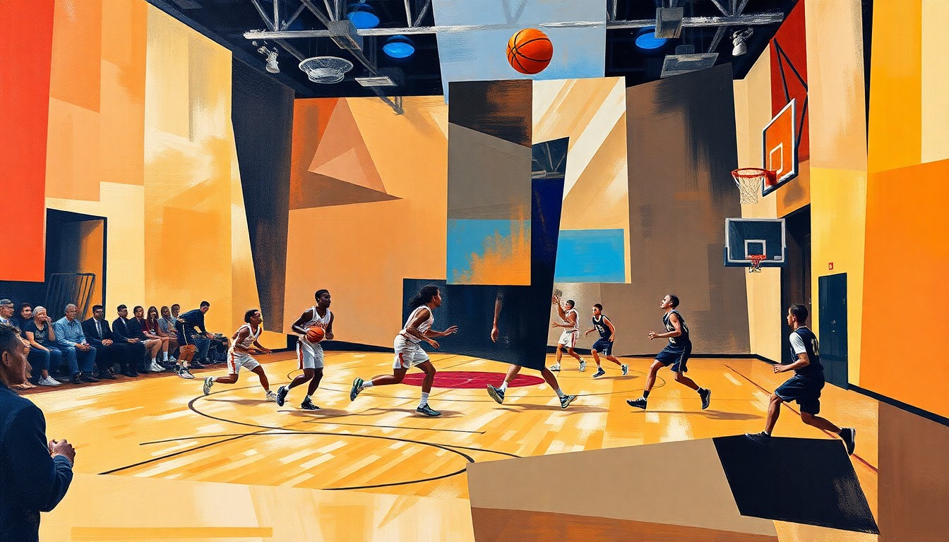 A cubist, geometric painting depicting the dynamic movements and energy of a high school basketball game, with the players and court deconstructed into sharp, overlapping planes of color and form.