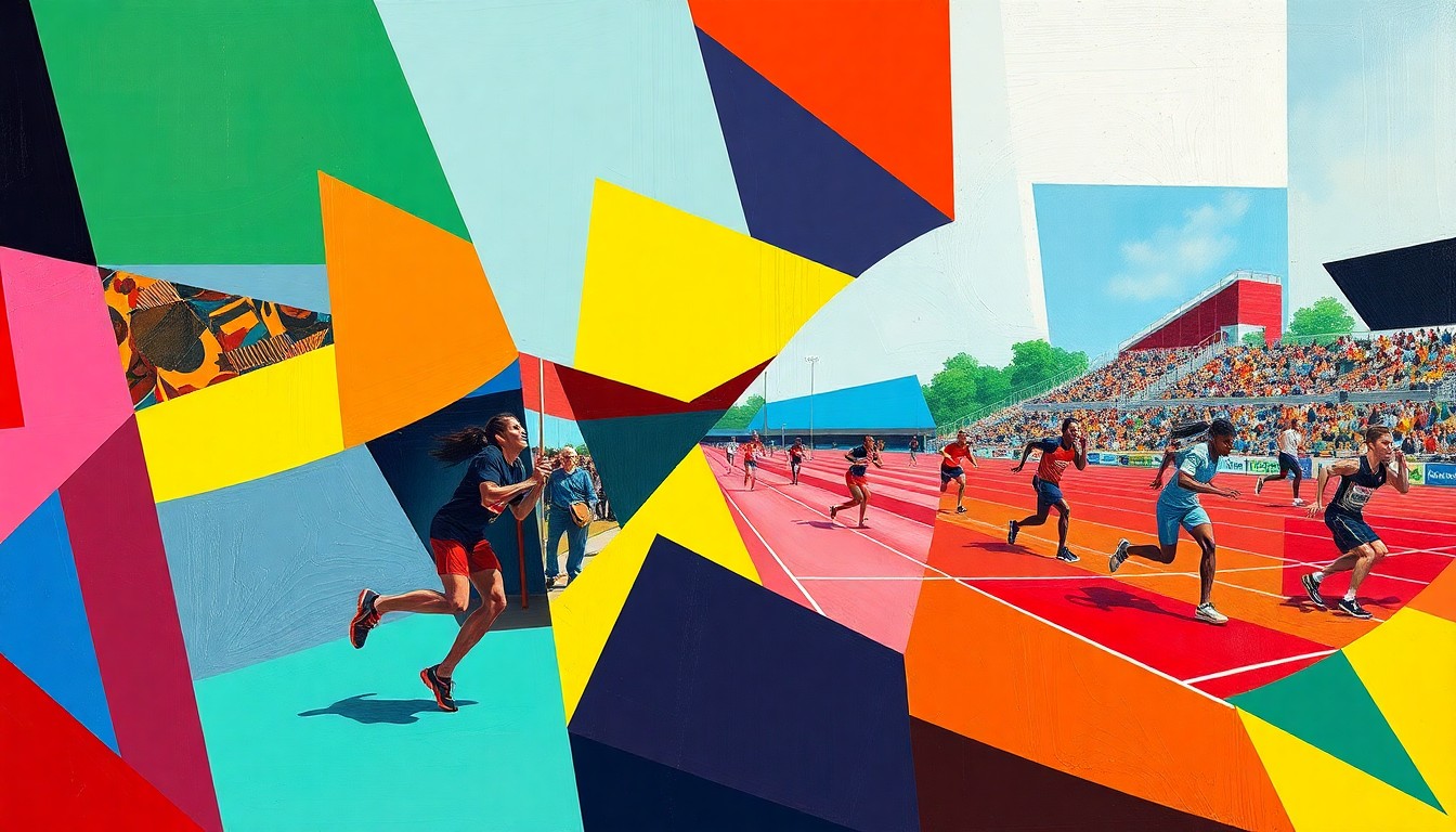 A fragmented, abstract painting depicting a high school track and field competition, with sharp, overlapping geometric shapes in bold primary colors representing the dynamic movements and competitive spirit of the athletes.