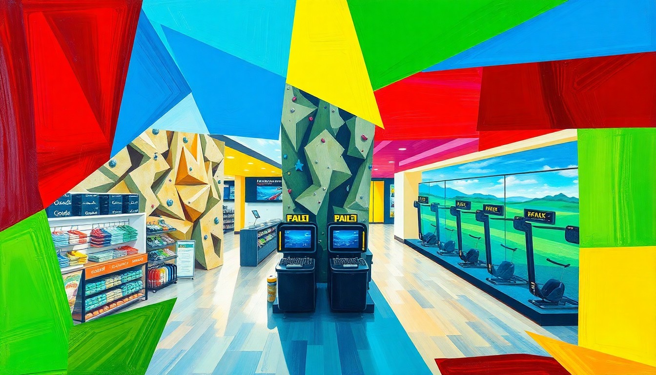 A cubist, geometric painting depicting the various sports and fitness experiences of a Dick's House of Sport location, including a rock climbing wall, golf simulators, and other interactive elements, all rendered in a fractured, multi-perspective style.
