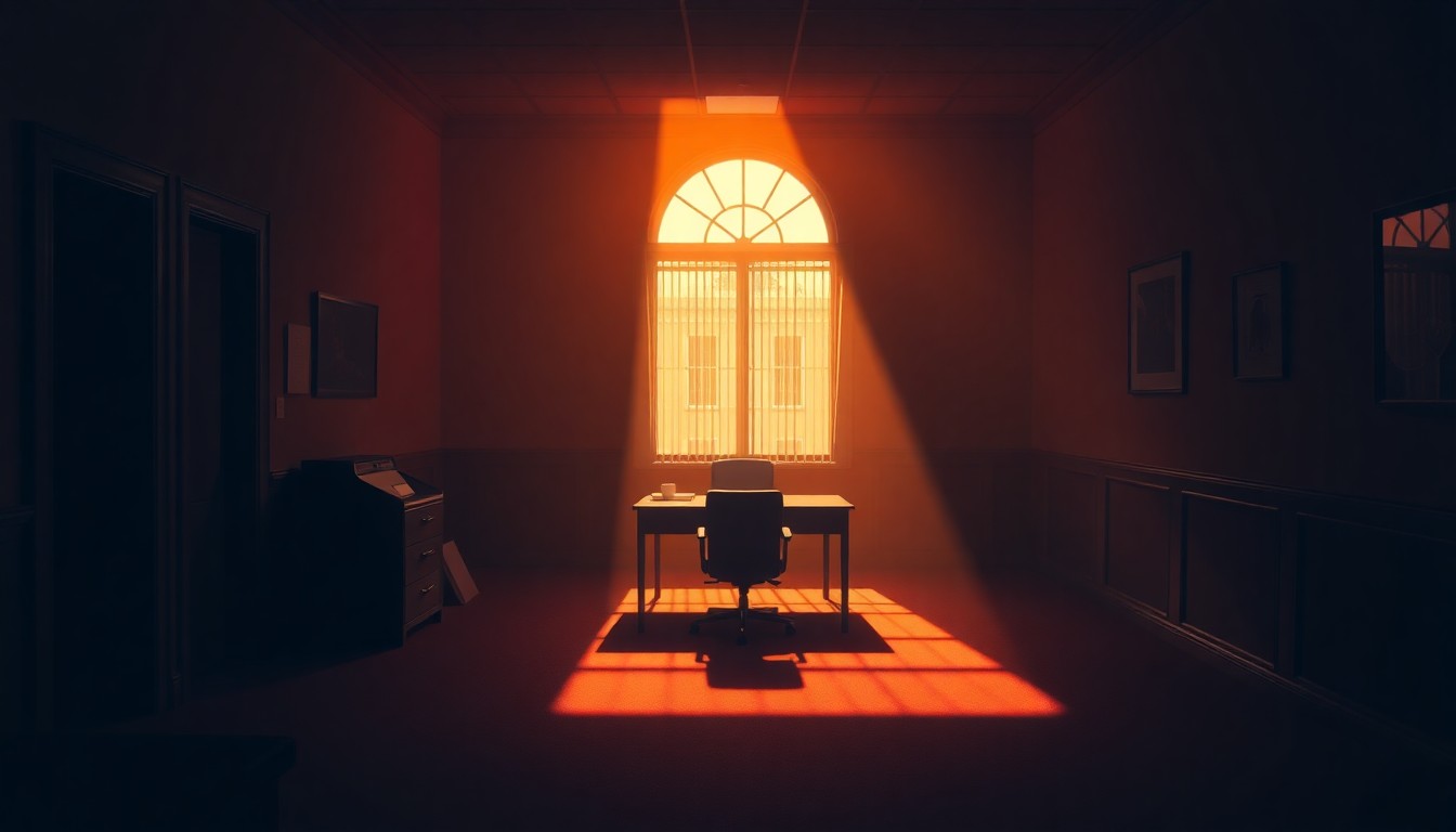 A dimly lit, cinematic government office space with a lone desk and chair, the scene bathed in warm, diagonal sunlight and deep shadows, conceptually representing the political fallout from a high-profile resignation.