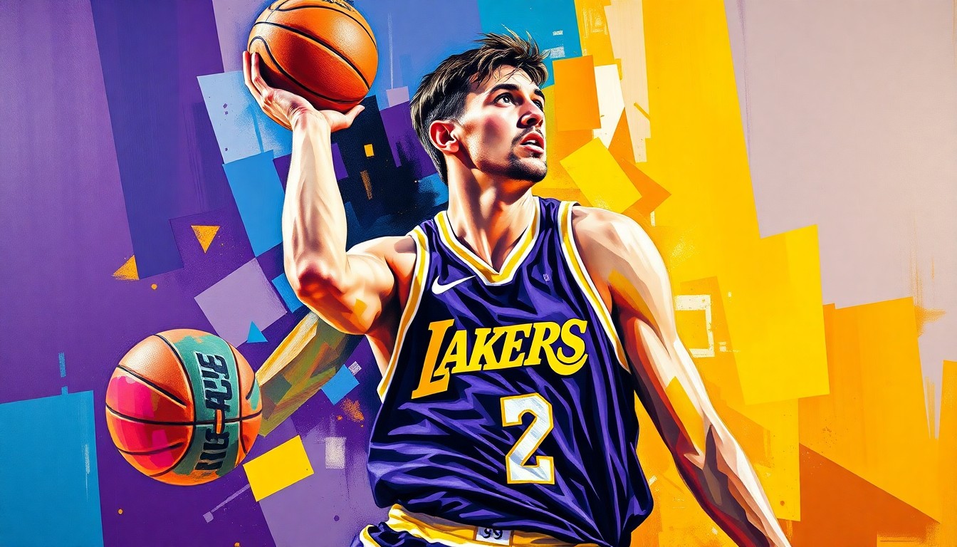 A cubist, geometric painting depicting a fragmented, multi-angled view of a basketball player in motion, representing the Lakers' uncertainty surrounding Luka Doncic's injury and recovery.