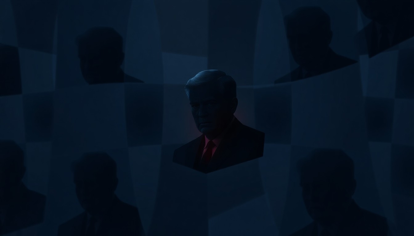 A fragmented, abstract painting depicting a shadowy figure in overlapping geometric shapes and waves of dark colors, conveying a sense of political unrest and instability.