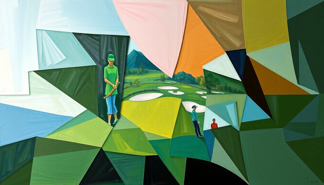 A fragmented, cubist-style painting depicting a women's golf tournament, with the players and course broken down into sharp, overlapping geometric shapes in shades of green, blue, and brown, conveying the competitive energy and skill of the event.