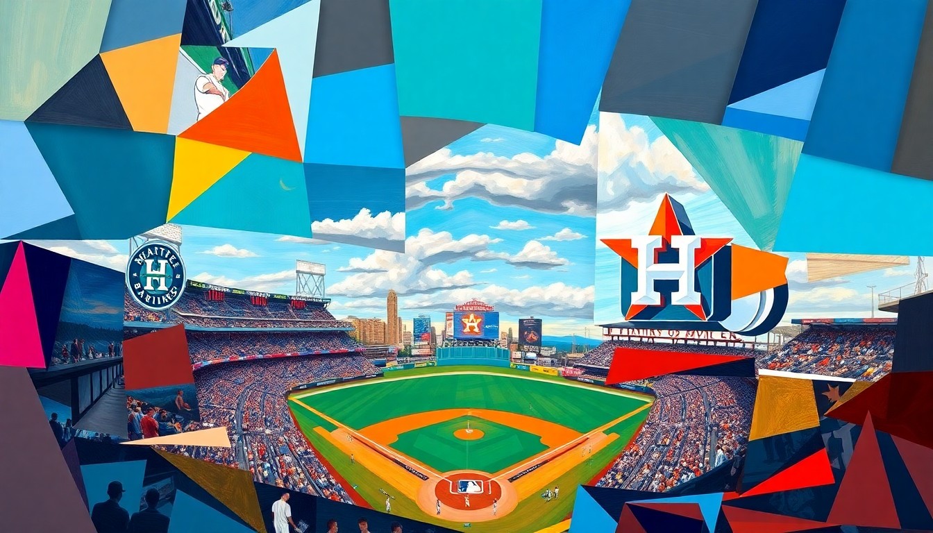 A cubist, geometric painting depicting a baseball game between the Seattle Mariners and Houston Astros, with the players and field fractured into overlapping planes of bright team colors.
