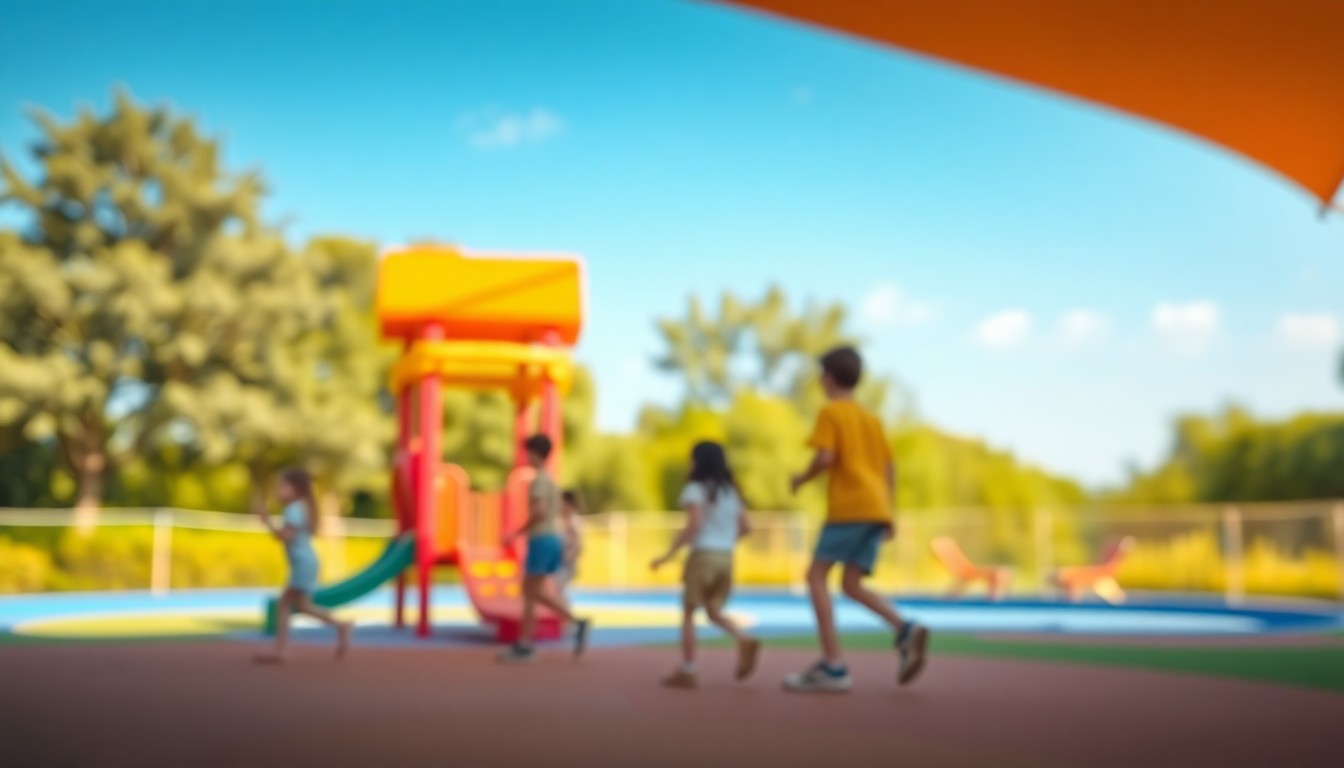 An abstract, impressionistic photograph in soft, warm tones depicting the blurred outline of children playing on a modern, colorful playground set against a backdrop of lush greenery and a clear blue sky, conveying a sense of joy and community in the park's renovated recreational spaces.