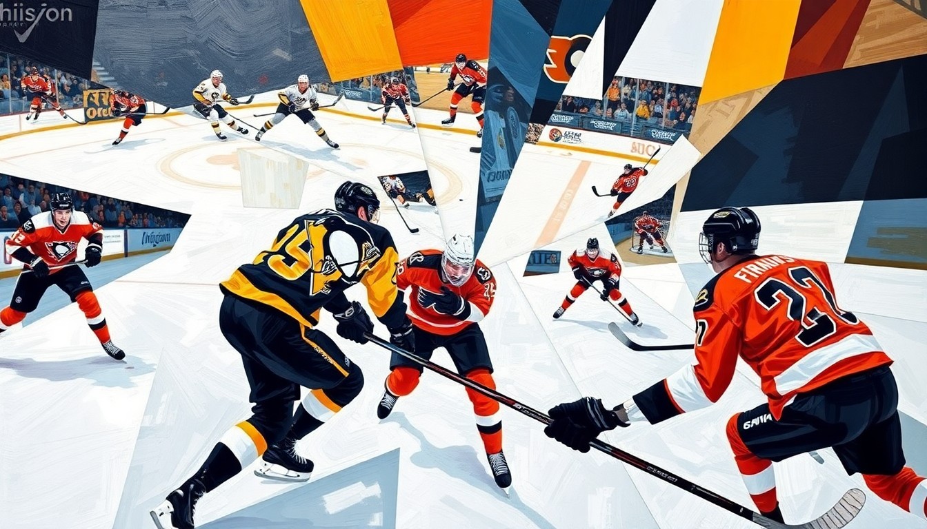 A fractured, multi-perspective painting depicting a hockey game between the Pittsburgh Penguins and Philadelphia Flyers, with the players and action broken down into sharp, overlapping geometric shapes and planes in vibrant colors.