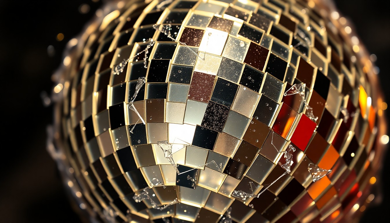 An extreme close-up of shattered disco ball glass reflecting glittering light, conceptually representing the allure and artifice of celebrity culture.