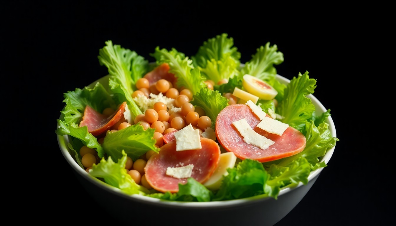 An extreme close-up of a salad bowl filled with crisp, vibrant greens, savory cured meats, and shredded cheese, all captured in dramatic, high-contrast studio lighting to create a luxurious, glamorous aesthetic.