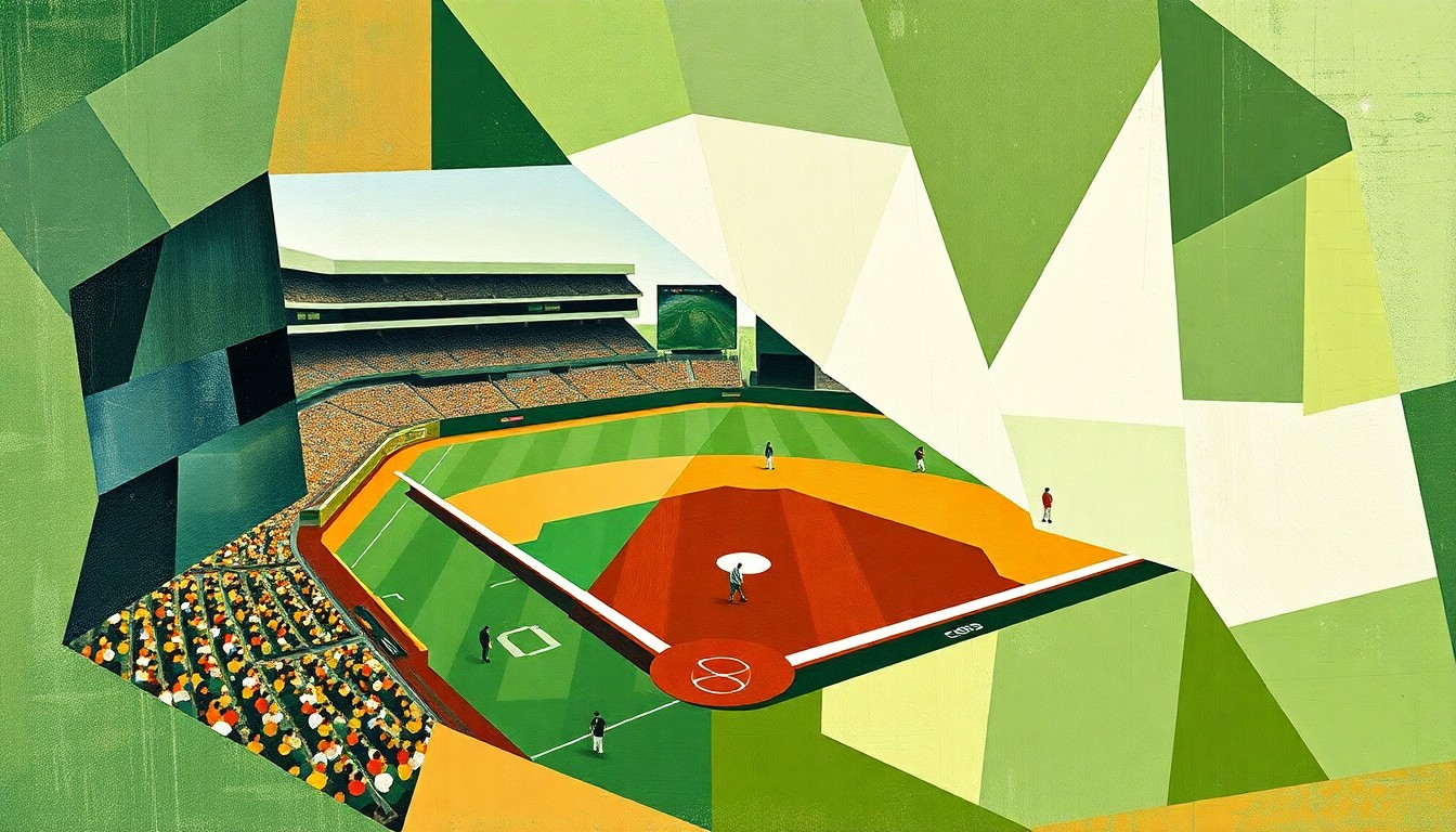 A cubist-style painting featuring sharp, overlapping geometric shapes in shades of green, brown, and white, conceptually representing the disruption of a baseball game by a sudden weather event.