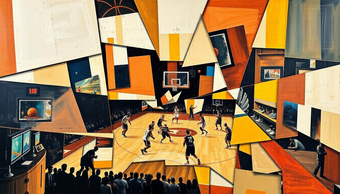 A fragmented, cubist-style painting depicting a basketball game or match, with the players and court broken down into abstract geometric shapes and planes of color, conveying a sense of motion and energy.