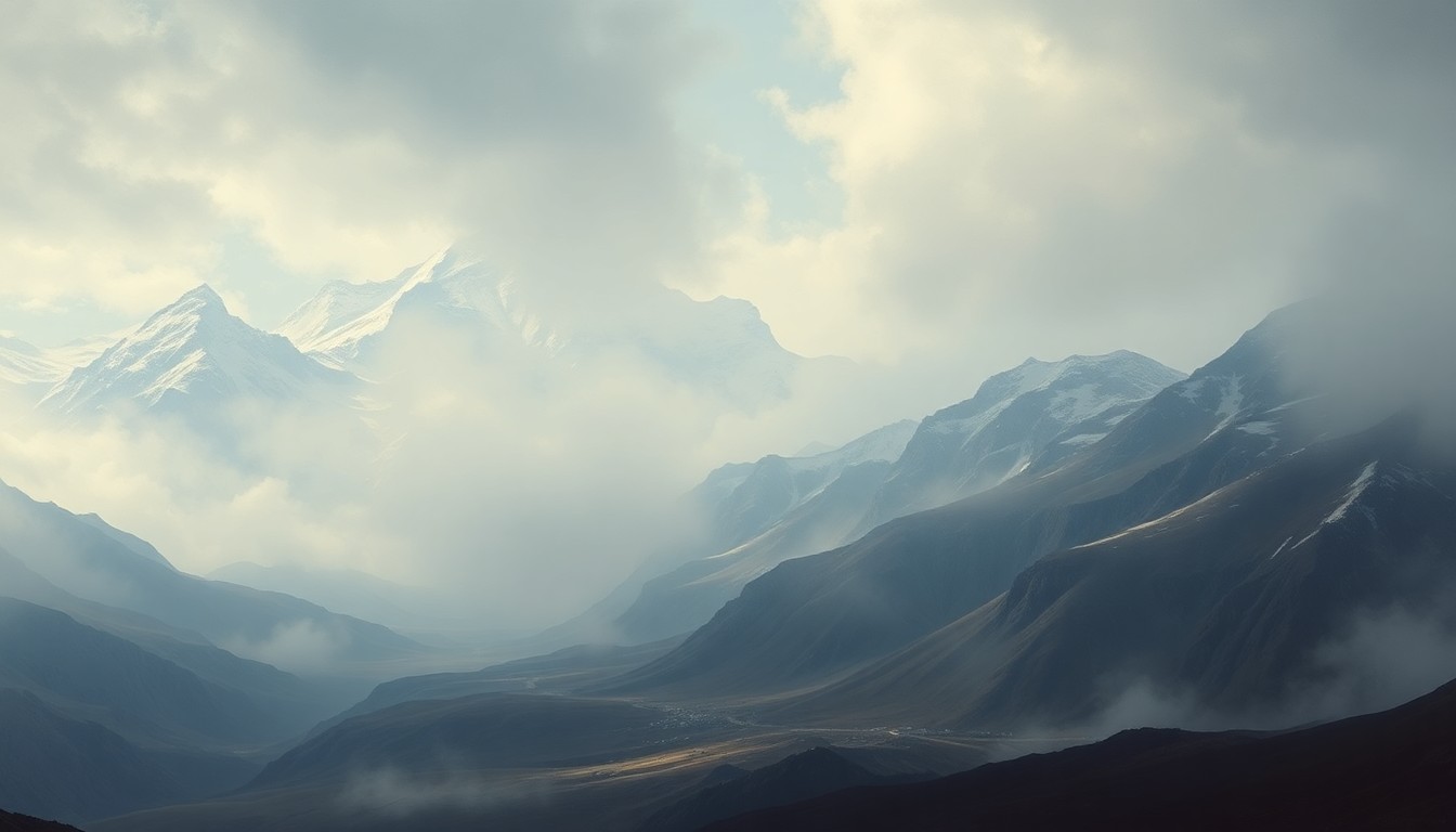 A vast, atmospheric landscape painting depicting towering, snow-capped mountains shrouded in heavy fog, conveying a sense of the overwhelming, sublime scale of the natural world.