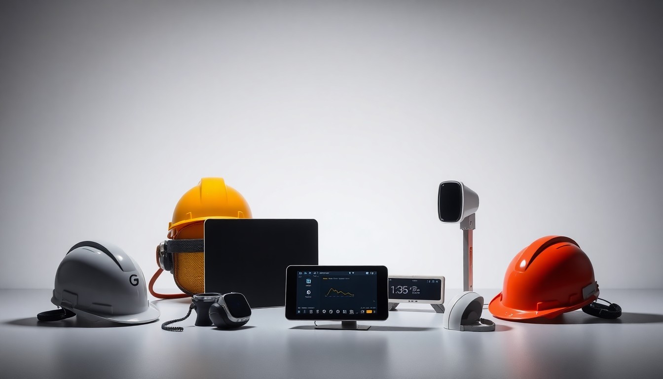 A high-end, photorealistic studio still life featuring a collection of premium safety equipment and digital monitoring devices arranged elegantly on a clean, monochromatic background, conceptually representing Grainger's holistic approach to workplace safety.