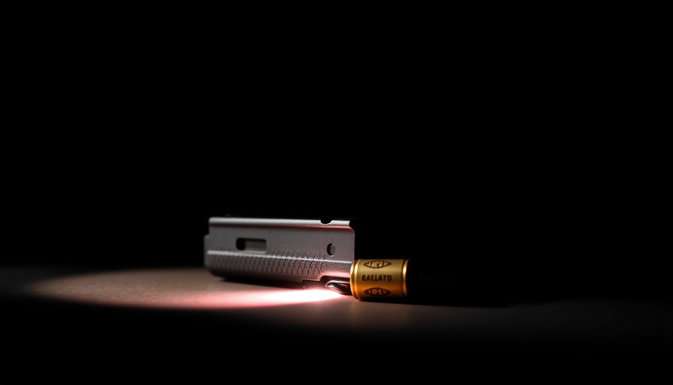 An extreme close-up photograph of a handgun magazine or spent shell casing, lit by a harsh, direct camera flash against a pitch-black background, creating a stark, gritty, investigative aesthetic.