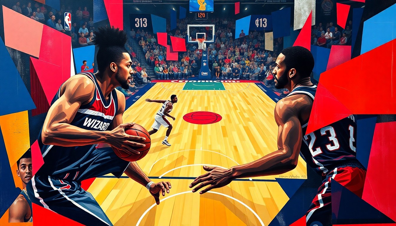 A cubist, geometric painting depicting the overlapping movements and perspectives of a basketball game between two players, represented by fragmented shapes and planes in navy blue, red, and gold.