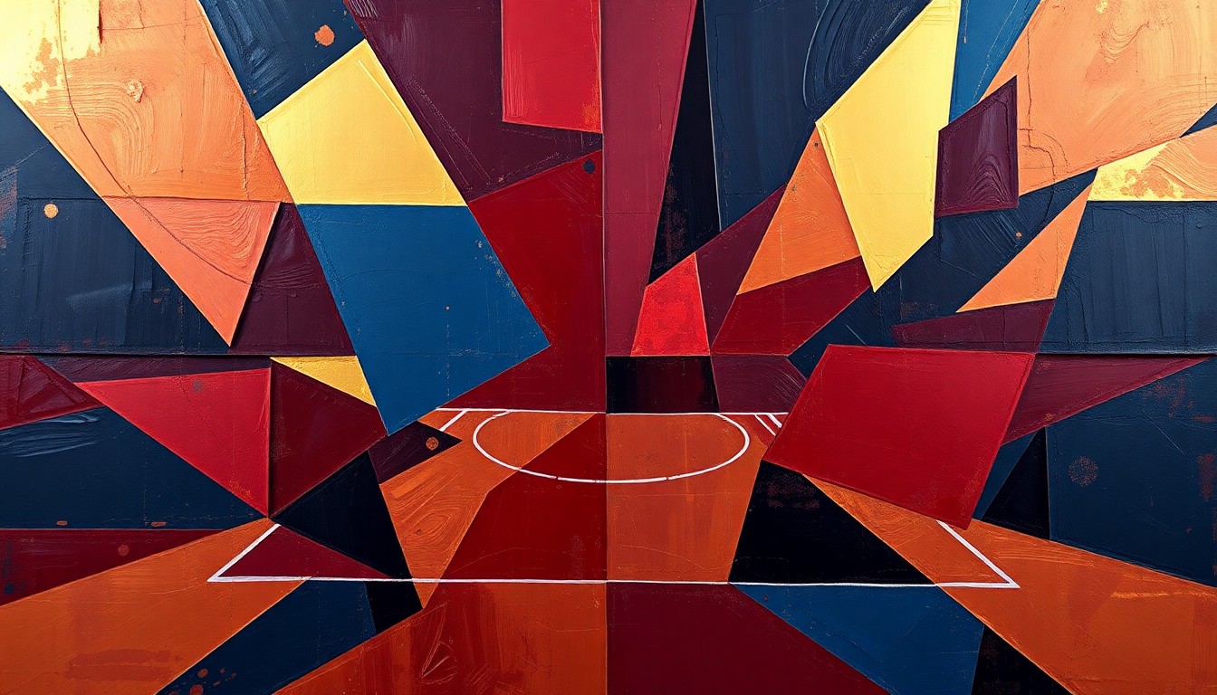 A cubist, geometric painting depicting a fragmented basketball game, with sharp planes of burgundy, navy, and gold representing the challenges the 76ers face without their star center Joel Embiid.