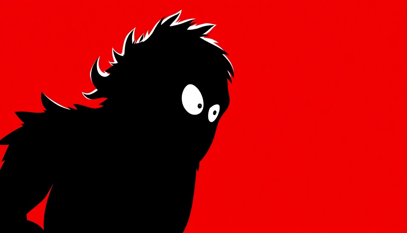 A stark, geometric black silhouette of the H.R. Pufnstuf character, with jagged edges and bold negative space, set against a vibrant red background, conceptually representing the Krofft brothers' innovative and influential children's television programs.