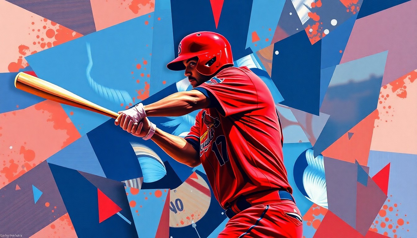 A fractured, cubist-style painting depicting the explosive motion and energy of a baseball player's swing, with sharp geometric shapes and planes in the Cardinals' team colors.
