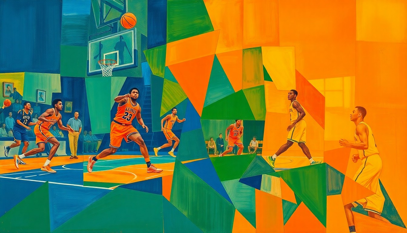 A fragmented, cubist-style painting depicting an Illinois basketball game, with the players' forms broken down into sharp, overlapping geometric shapes in a vibrant color palette, capturing the dynamic energy of the sport.