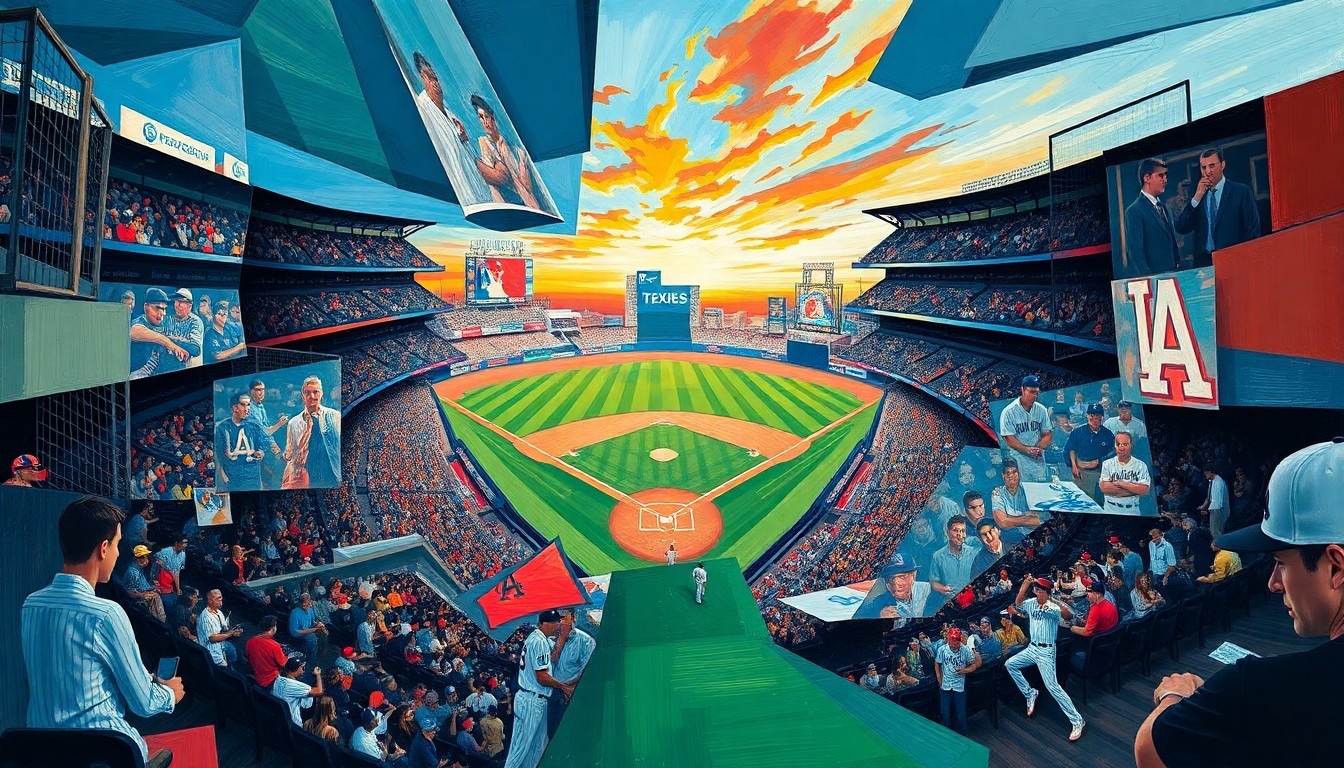 A fractured, cubist-style painting depicting a baseball game, with sharp geometric shapes and planes representing the players, field, and action, without any identifiable elements.