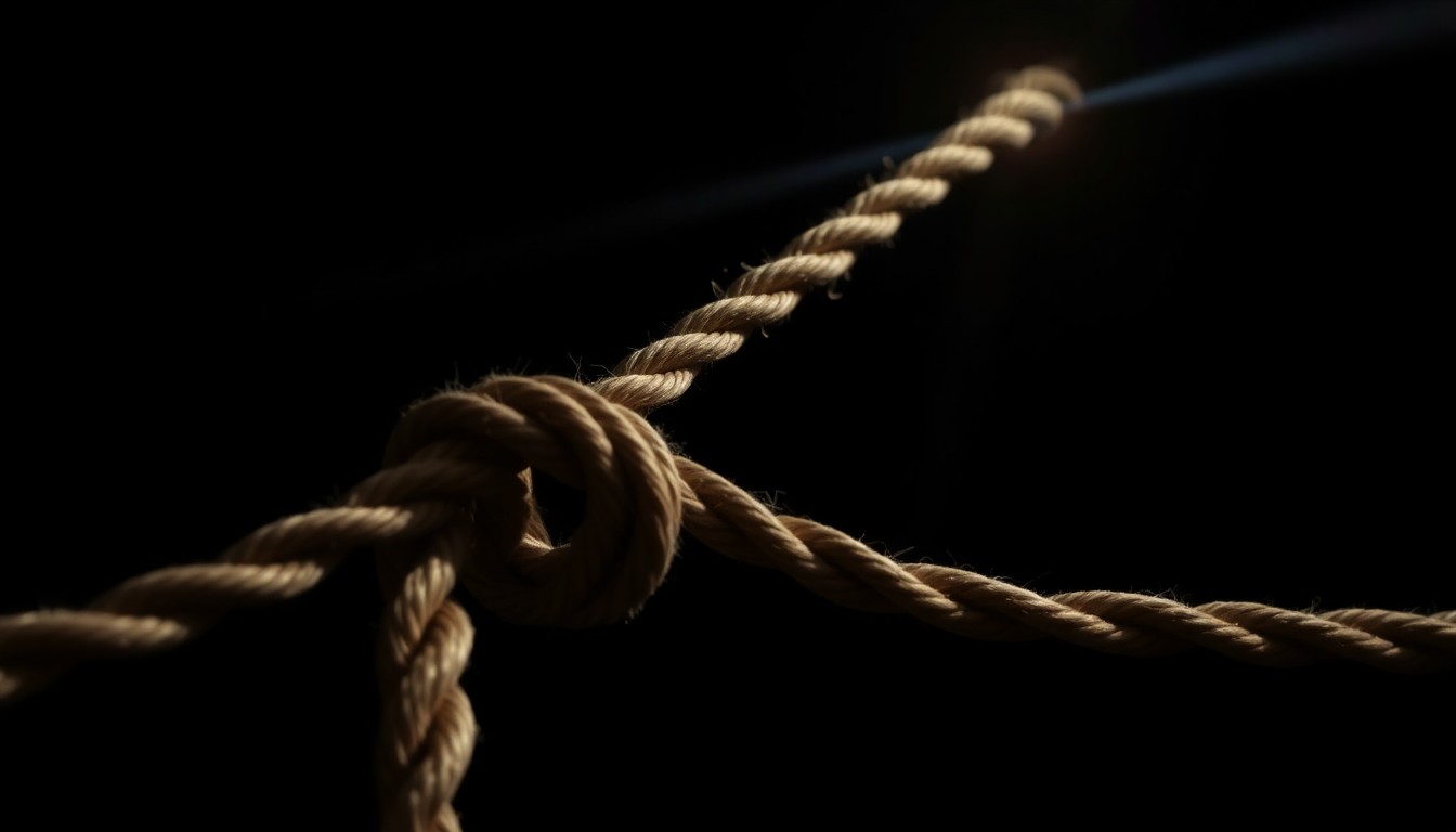 An extreme close-up photograph of a rope or other physical evidence related to the mechanical asphyxiation, lit by a harsh, direct camera flash against a pitch-black background, conceptually illustrating the gritty investigation into the cruise ship death.