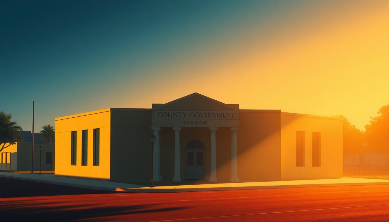 A serene, painterly depiction of a county government building in warm light and deep shadows, conveying the contemplative nature of local political discussions.
