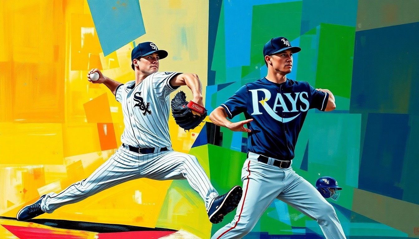 A fragmented, geometric painting depicting the motion of a baseball pitcher, with the colors of the Chicago White Sox and Tampa Bay Rays uniforms blending together in an abstract composition.